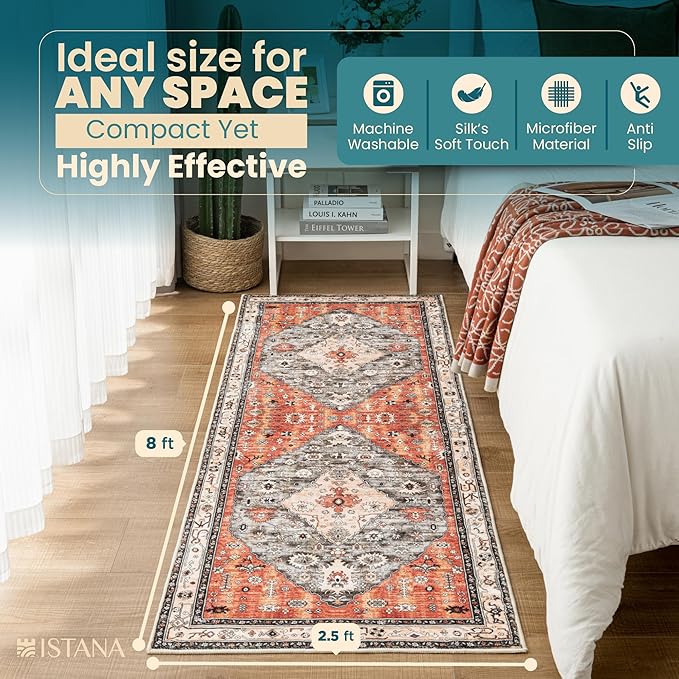 Istana Hallway Runner Rug 2.5x8 – Red/Teal Entryway Rug -Silk's Soft Touch Runners for Hallways - Stylish Kitchen Runner Rug Non Slip