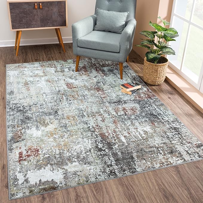 Bloom Rugs Washable Non-Slip 5' x 7' Rug - Gray/Red/Brown Modern Abstract Area Rug for Living Room, Bedroom, Dining Room, and Kitchen - Exact Size: 5' x 7'