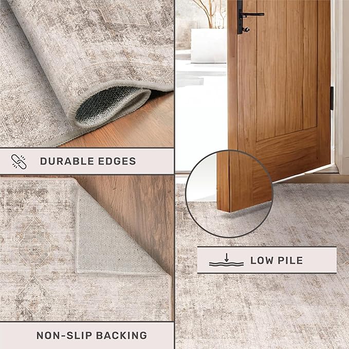 Tan Rugs for Living Room - 10x12 Vintage Large Floor Carpet Rug for Dining Room Under Table, Washable Non Slip with Rubber Backed