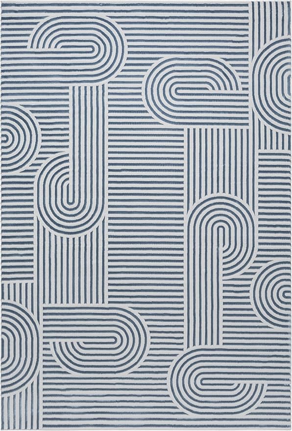 Annabel Modern Geometric Area Rug for Living Room, 6x9 Contemporary Arched and Linear Blue Rug, High-Low Pile Stain Resistant Carpet for Bedroom, Dining Room or Kitchen (6' x 9', Blue)