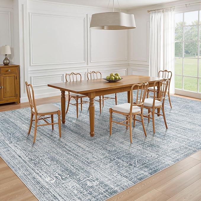 10x12 Area Rug Living Room: Washable Large Vintage Blue Rug Neutral Non-Slip Soft Stain Resistant Indoor Carpet for Bedroom Nursery Dining Room Under Table Bed Home House Office Playroom