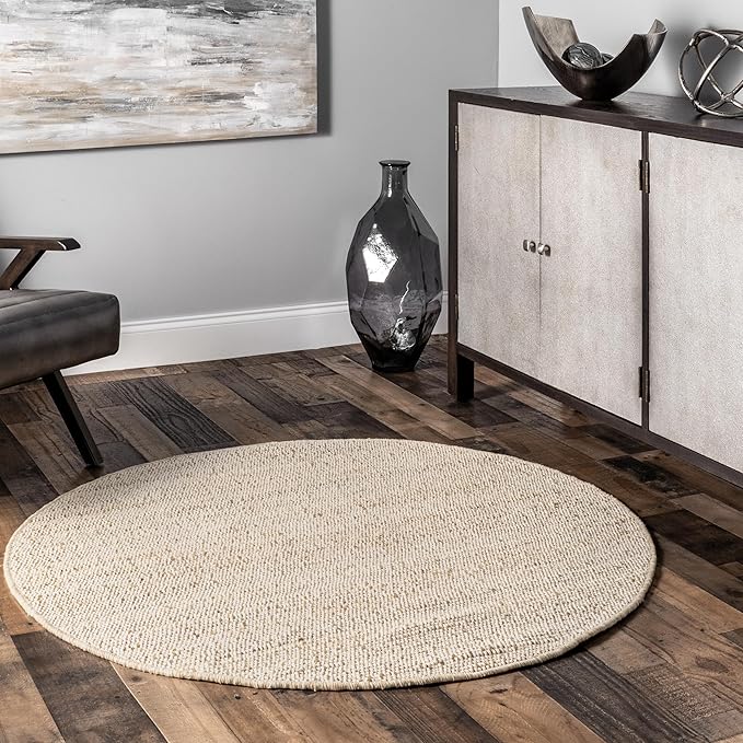 nuLOOM 6 Round Elfriede Jute & Cotton Hand Woven Area Rug, Natural, Solid Rustic Farmhouse Style, Weaved Design, Natural Fiber, For Bedroom, Living Room, Dining Room, Hallway, Office, Entryway