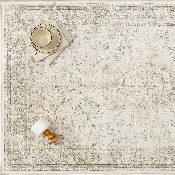 5x7 Washable Area Rug Beige Vintage Distressed Rug for Office Oriental Soft Thin Indoor Retro Carpet Non Slip Low Pile Floor Cover for Living Ding Room Bedroom Laundry Dorm
