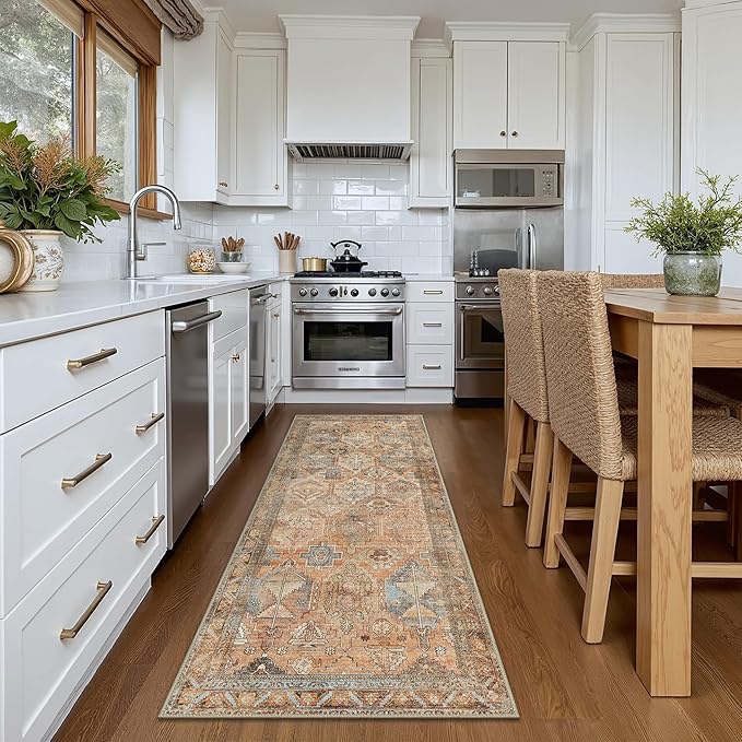 Bavni Runner Rugs 2x5 Kitchen Rug for Hallways Entryway, Washable Vintage Print Carpet, Ultra-Thin Low Pile Lightweight Rug with Non Slip Backing, Sunset Yellow