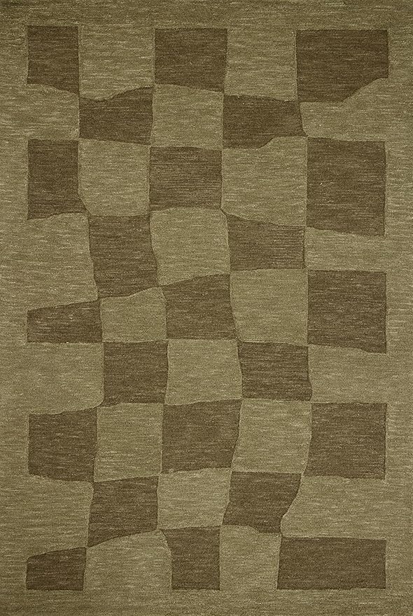 Loloi Leanne Ford Craven Collection CVN-03 Green/Olive 3'-6" x 5'-6" Accent Rug Checkered, Patterned, Neutral, Entryway, Mudroom, Bathroom, and Kitchen