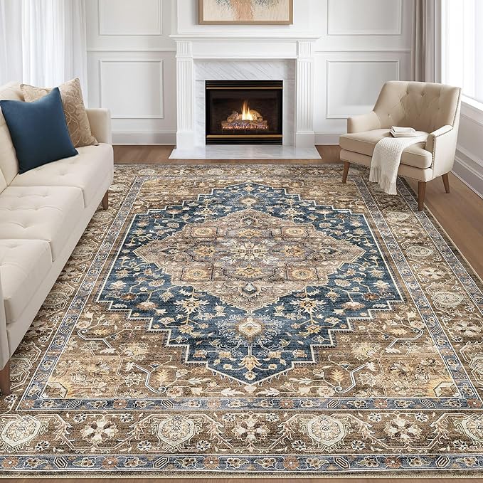 8x10 Area Rugs Living Room: Washable Boho Large Neutral Vintage Soft Rug Stain Resistant Farmhouse Non-Slip Indoor Floor Carpet for Bedroom Nursery Kids Office Dining Room Playroom- Yellow Blue