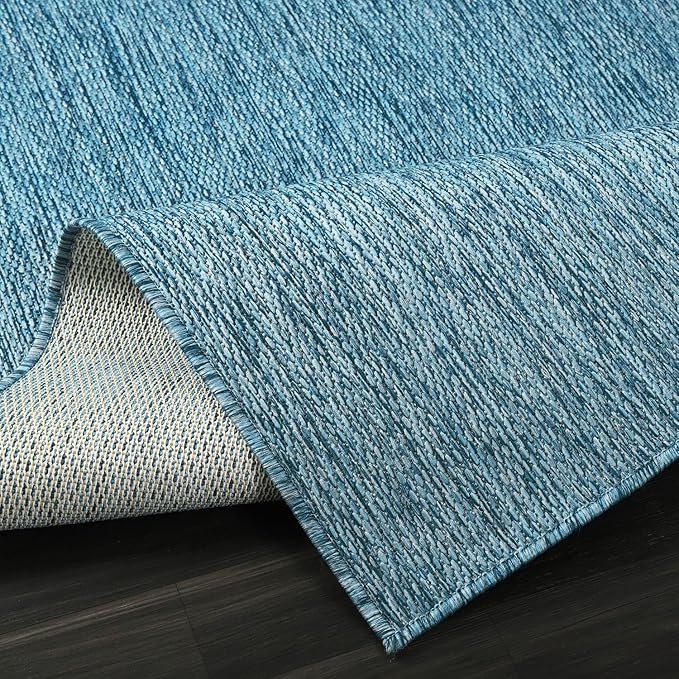 Beverly Rug Indoor Outdoor Rug 10x14, Washable Outside Carpet for Patio, Deck, Porch, Solid Modern Area Rug, Water Resistant, Aqua Blue