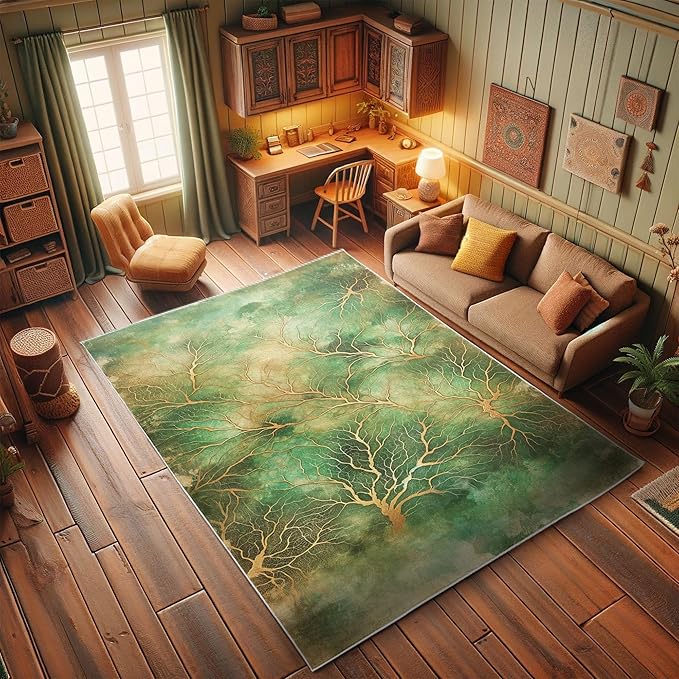 Ambesonne Abstract Decorative Rug, Autumn Leafless Branches with Watercolor Look Dreamy Back Jungle Tones, Quality Carpet for Bedroom Dorm and Living Room, 2' 2" x 3' 7", Jade Green Pale Coffee