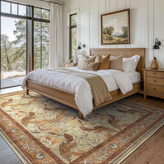 Bavni 8x10 Area Rugs for Living Room, Microfiber Machine Washable Non-Slip Vintage Floral Rug, Low Pile Lightweight Carpet for Bedroom, Dining Room, Home Office, Beige & Terracotta