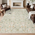 Washable Living Room Rug: 5x7 Boho Floral Soft Area Rug for Bedroom Decor - Vintage Low Pile Thin Carpet for Dining Room Non-Slip - Farmhouse Stain Resistant Rugs - Beige Green