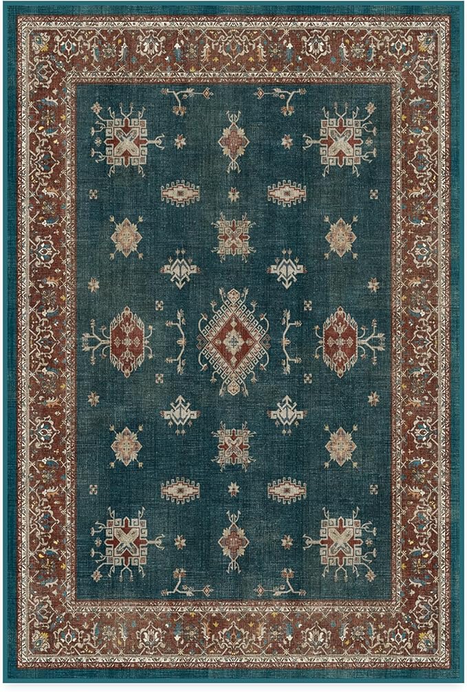 RUGGABLE Washable Vintage Area Rug – Verena Teal Blue 4x6, Stain-Resistant, Non-Slip – Medium Machine Washable Rugs for Living Room, Bedroom, Hallway, Entryway & Office–with Cushioned Pad
