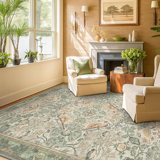 Washable Sage Green Area Rugs 5x7 for Living Room, Bedroom Bedside, Dinning Room, Office with Botanical Floral Bird Pattern, Muted Green Non Slip Stain Resistant Low Pile French Country Decor