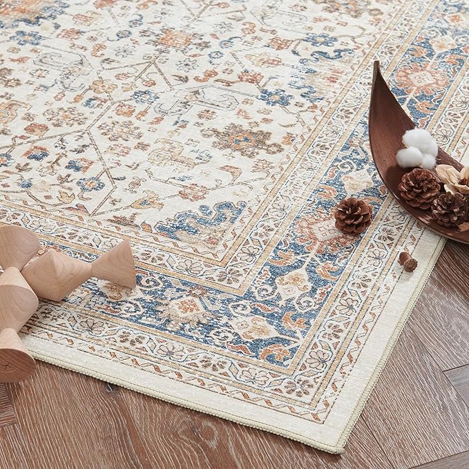 jinchan Area Rug 6x9 Washable Living Room Rug Vintage Distressed Orange Multi Floral Floor Cover Indoor Mat Retro Carpet Bedroom Office Kitchen Farmhouse