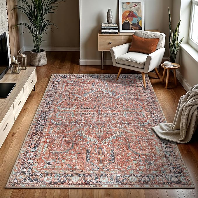 GLN Rugs Traditional Collection - Machine Washable Area Rug, Traditional Washable, Non Slip, Low Pile Chenille Rug, Living Room, Bedroom, Kitchen Rug (6' x 9' Terra/Multicolor 1168)