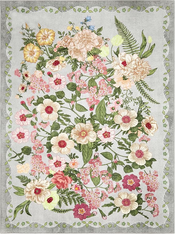 Floral Rugs for Living Room - 9x12 Soft Washable Area Rug Stain Resistant Ultra-Thin Non-Slip Low Pile Farmhouse Vintage Large Carpet for Bedroom Dining Room Nursery Home Office Decor, Grey