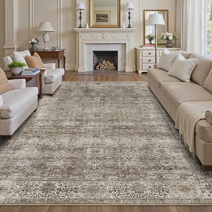 8x10 Washable Area Rug Grey Brown Vintage Rug for Living Room Bedroom Low Pile Soft Non-Slip Boho Rug for Under Table Boho Distressed Retro Carpet for Bedroom Kitchen Office Dining