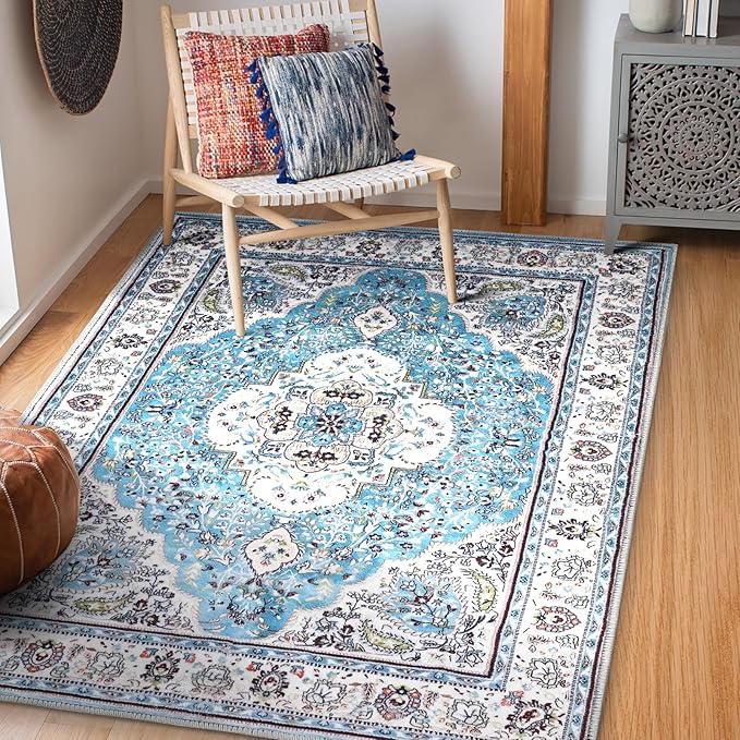 COMSLE Area Rug 4x6 Faux Wool Rugs for Kitchen, Boho Washable Throw Rugs Non-Slip Distressed Carpet Soft Accent Floor Rug for Bedroom, Living Room, Laundry Room (Light Blue)