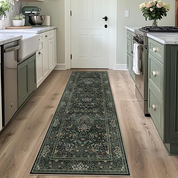 2x6 Floral Washable Area Rug Soft Runner Rugs for Living Room, Vintage Boho Hallway Rug for Bedroom Dining Room, Distressed Botanical Birds Non Slip Low Pile Animal Throw Carpet for Office, Dark Green