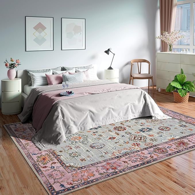 GLN Rugs Traditional Collection - Machine Washable Area Rug, Traditional Washable, Non Slip, Low Pile Chenille Rug, Living Room, Bedroom, Kitchen Rug (9' x 12' Pink/Blue/Multicolor)