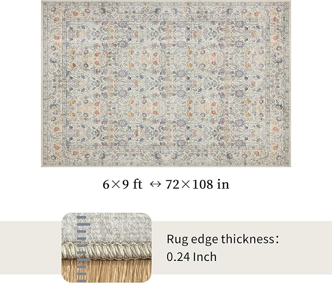 Washable Living Room Rug: 6x9 Boho Floral Soft Area Rug for Bedroom Decor - Vintage Low Pile Thin Carpet for Dining Room Non-Slip - Farmhouse Stain Resistant Rugs - Beige Blue
