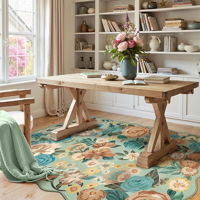 Washable Floral Area Rug 4x6 Green Office Carpet Scalloped Flower Non Slip Soft Living Room Rug Farmhouse Low Pile Thin Indoor Floor Cover for Bathroom Bedroom Kitchen Laundry Dining Room