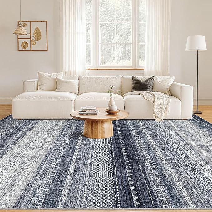 Nakagishi 12x15 Area Rug Living Room: Washable Boho Large Neutral Modern Soft Stain Resistant Farmhouse Indoor Floor Rug Non-Slip Carpet for Bedroom Nursery Kids Playroom Office Dining Room- Blue