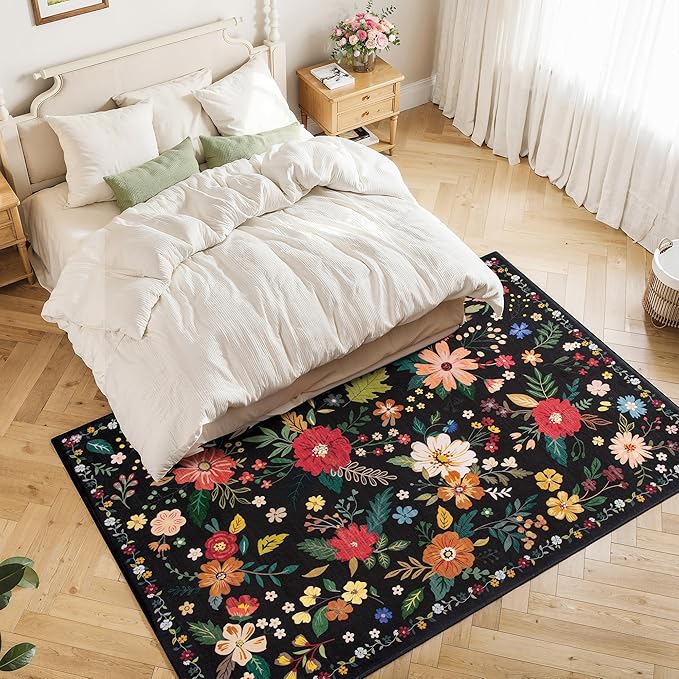 5x7 Washable Rug for Living Room, Floral Black Area Rug, Non Slip Low Pile Soft Flower Carpet, Large Rugs for Bedroom, Dining Room, Office, Kids Playroom, Nursery