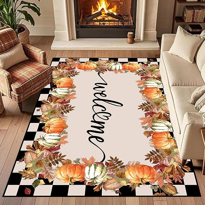Checkered Area Rugs, 6x8ft, Black and White Check with Fall Leaves Pumpkin Autumn Harvest Carpet, Entrance Rubber Non Slip Breathable Fall Rug for Dining Room Laundry