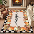 Checkered Area Rugs, 5x7ft, Black and White Check with Fall Leaves Pumpkin Autumn Harvest Carpet, Entrance Rubber Non Slip Breathable Fall Rug for Dining Room Laundry