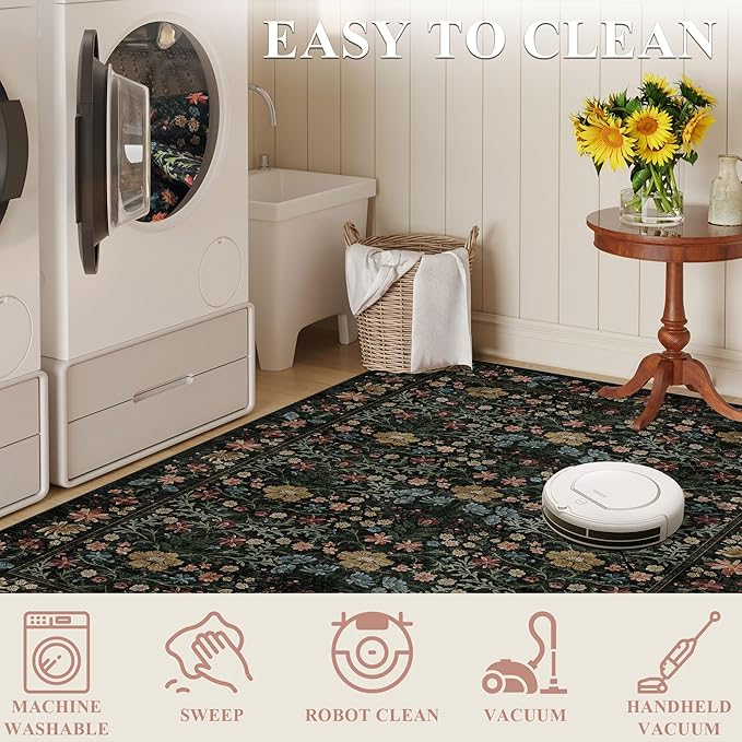 DUKINO 2x3 Entryway Rug, Floral Washable Area Rug with Non Slip Indoor Door Mat, Vintage Low Pile Small Front Door Throw Carpet for Kitchen, Entrance, Bathroom, Bedroom, Black