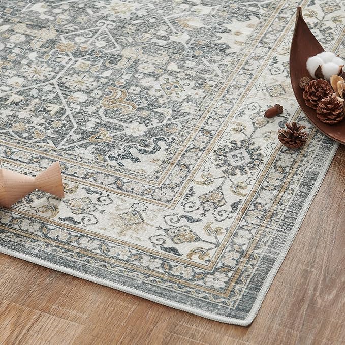jinchan Area Rug 4x6 Washable Bedroom Rug Vintage Distressed Gray Multi Floral Floor Cover Indoor Mat Retro Carpet Living Room Kitchen Office Farmhouse Grey
