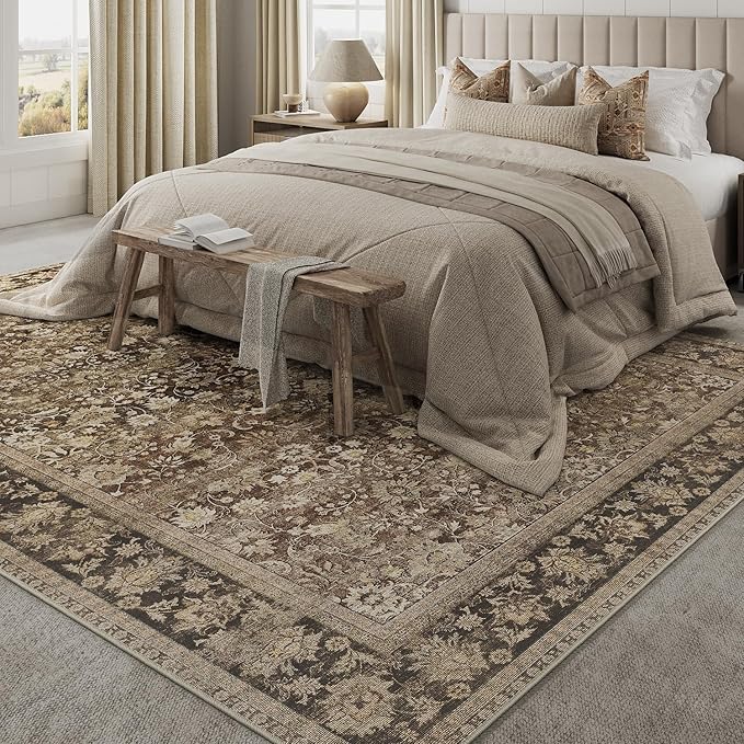 HUGEAR 8x10 Machine Washable Rugs Brown Hallway Large Area Rug Indoor Accent Rug Floral Mid Pile Carpet Soft Soft Thicker Aesthetic Rug Bedroom Living Room Office Dining Kitchen Laundry