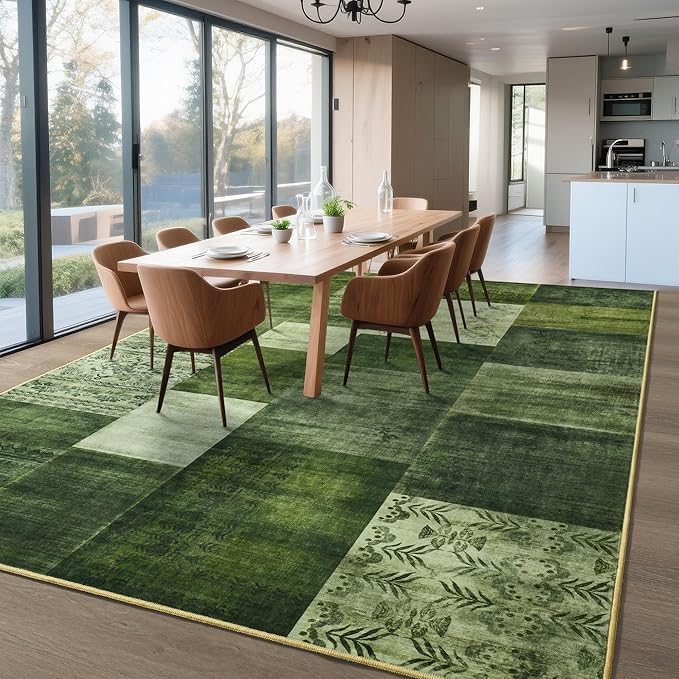 Tepook Modern Area Rug for Living Room, 8x10 Geometric Large Rugs for Bedroom, Washable Patchwork Rug Indoor Non-Slip Throw Carpets for Dining Room Office Farmhouse Home Decor, Green