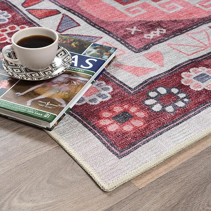 Fame Rugs Turkish Rug. Washable Vintage Oriental Antique Inspired Traditional Doormat Small Modern Area Rugs Luxury Entryway Entry Bedroom Bathroom Kitchen (378RR, 4'9 x 6'9)