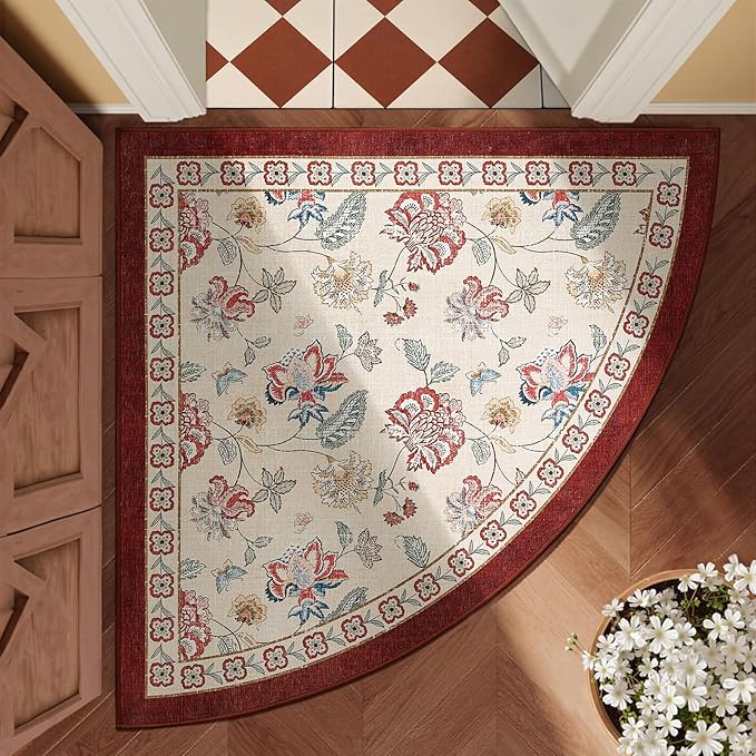 jinchan Elora Floral Corner Rug for Entryway Washable Kitchen Rug Vintage Romance Design Non Slip Quarter Circle Lightweight Low-Pile Throw Carpet for Playroom Reading Nook, 4ft Radius, Red/Beige