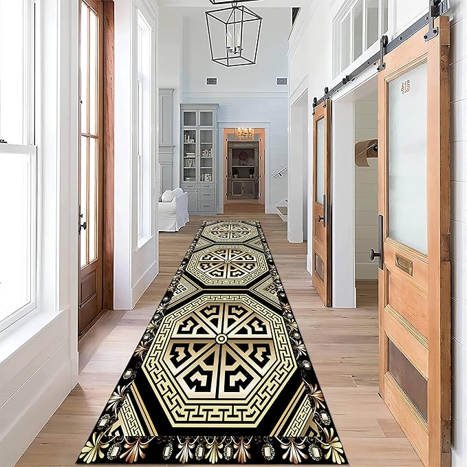 Black Gold Art Runner Rugs, 2x6ft, Vintage Greek Key Entrance Rug, Baroque Aesthetic Non-Slip Low Pile Soft Carpets, Cozy Absorbent Durable Non-Shedding Mat for Hallway Bedroom