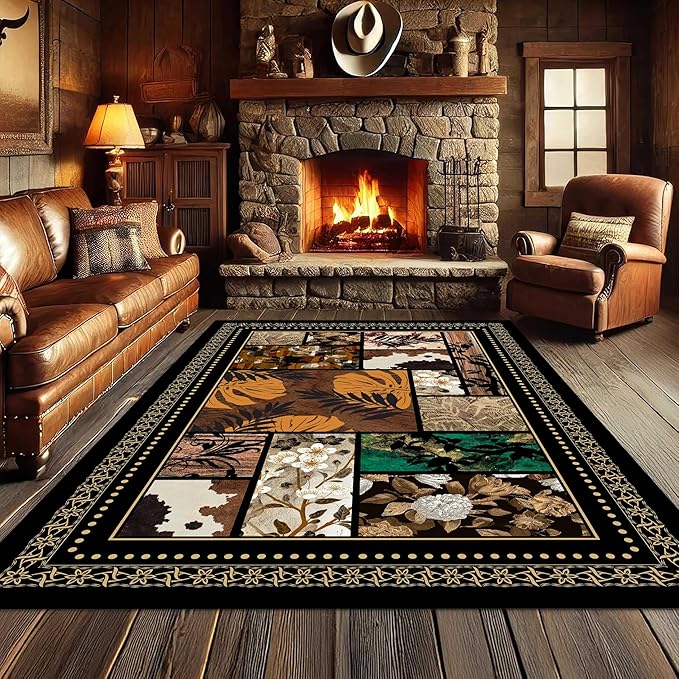 Floral Tropical Patchwork Area Rug 8x10ft, Vintage Black & Brown Country Carpet, Low Pile Non-Slip Mat for Cozy Bedroom, Dining Room, Farmhouse Decor