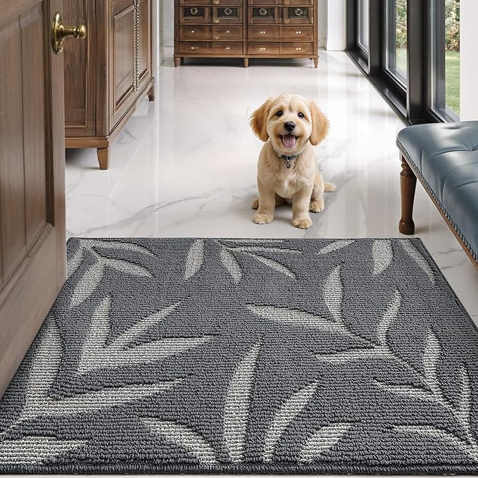 LUMI Indoor Door Mat 32x48, Washable Front Doormat with Welcome Leaf Pattern, Non-Slip Rubber Back Absorbent Mats for Entrance, Patio, Garage, Dark Grey