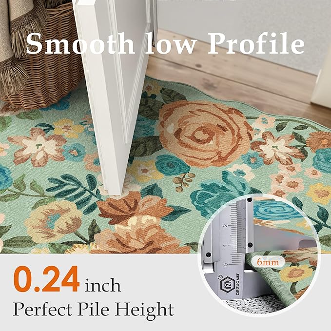Washable Floral Area Rug 4x6 Green Office Carpet Scalloped Flower Non Slip Soft Living Room Rug Farmhouse Low Pile Thin Indoor Floor Cover for Bathroom Bedroom Kitchen Laundry Dining Room