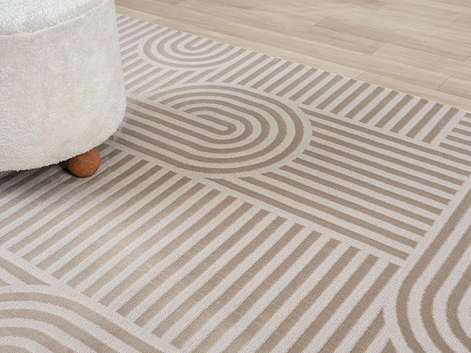 Annabel Modern Geometric Area Rug for Living Room, 6x9 Contemporary Arched Linear Beige Neutral Rug, Stain Resistant Non-Shedding Carpet for Bedroom, Dining Room or Kitchen (6' x 9', Beige)