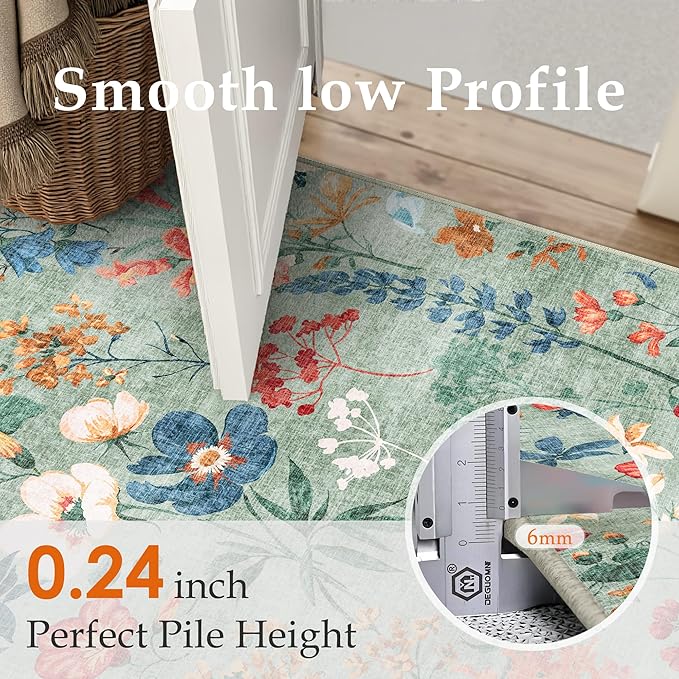 Floral Runner Rug 2x5 Washable Hallway Long Green Bedroom Carpet Non Slip Indoor Boho Kitchen Low Pile Accent Rug Lightweight Soft for Bathroom Dining Laundry Living Room