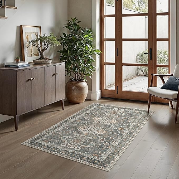 Bavni 3x5 Area Rug for Living Room Bedroom, Washable Boho Print Vintage Aesthetic Rug, Ultra-Thin Low Pile Rugs for Entryway Playroom with Non Slip Backing, Grey