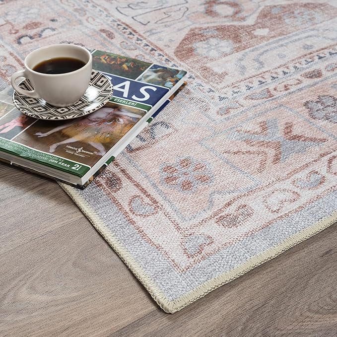 Fame Rugs Turkish Rug. Washable Vintage Oriental Antique Inspired Traditional Doormat Small Modern Area Rugs Luxury Entryway Entry Bedroom Bathroom Kitchen (403CC, 7'5 x 9'9)
