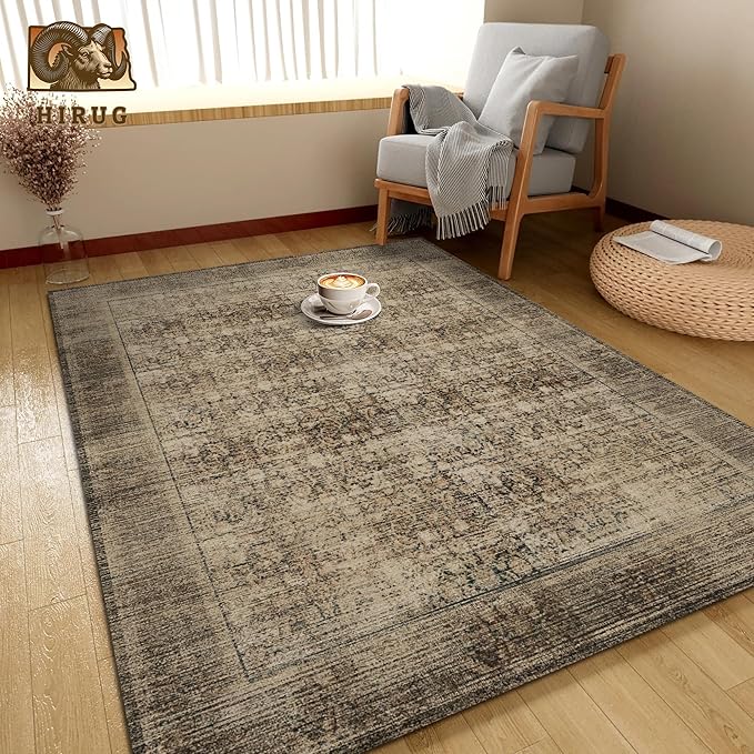 Washable Area Rug 8' x 10' Vintage Traditional Persian Mat - Foldable Distressed Non-Slip Machine Washable Carpet for Living Room Bedroom Kitchen Home Decor - Mocha and Taupe
