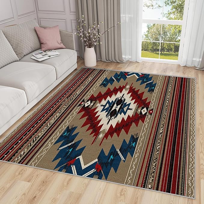 Navajo Large Rug - 7x9 Area Rug - Southwestern Tribal Ethnic Rustic Cabin Rugs for Living Room Non Slip Low Pile Machine Washable Dining Room Rugs, Navajo Carpet Home Decor & Gifts