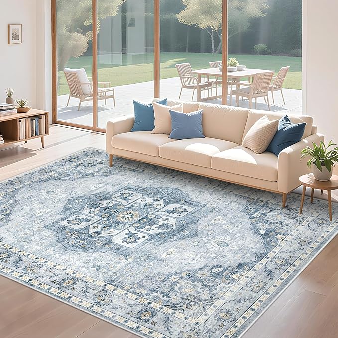 6x9 Area Rugs Washable Rugs for Living Room, Vintage Boho Rug Non-Slip Soft Floral Distressed Rug Low Pile Stain Resistant Carpet for Bedroom Nursery Office Dining Room Farmhouse Dorm(Blue, 6'x9')