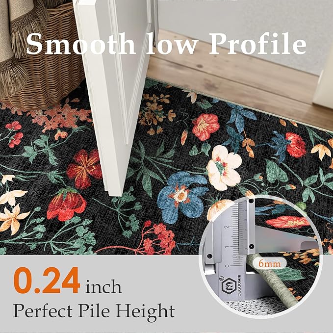 Floral Runner Rug 3x10 Washable Hallway Long Black Bedroom Carpet Non Slip Indoor Boho Kitchen Low Pile Accent Rug Lightweight Soft for Bathroom Dining Laundry Living Room