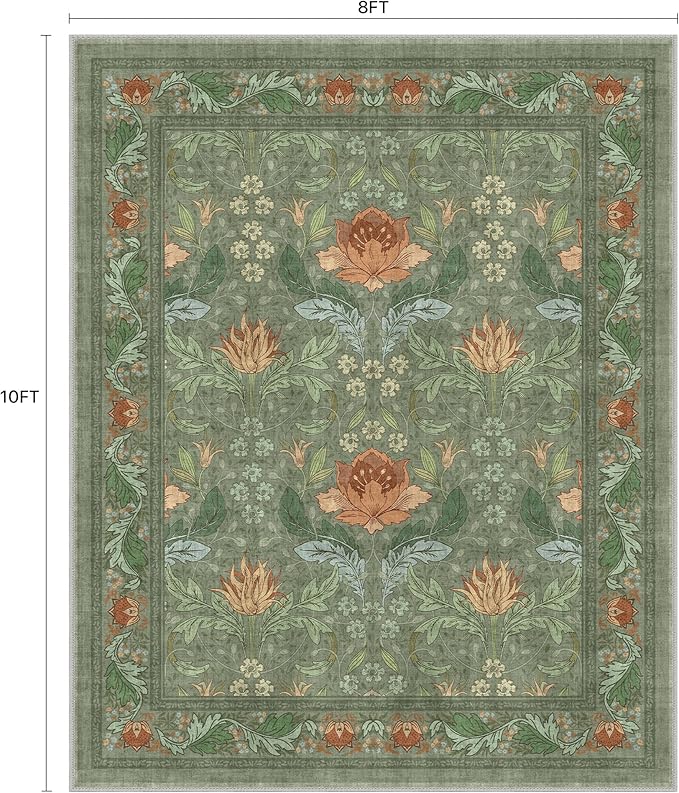 Bavni 8x10 Area Rugs for Living Room, Microfiber Machine Washable Non-Slip Vintage Floral Rug, Low Pile Lightweight Carpet for Bedroom, Dining Room, Home Office, Bean Green