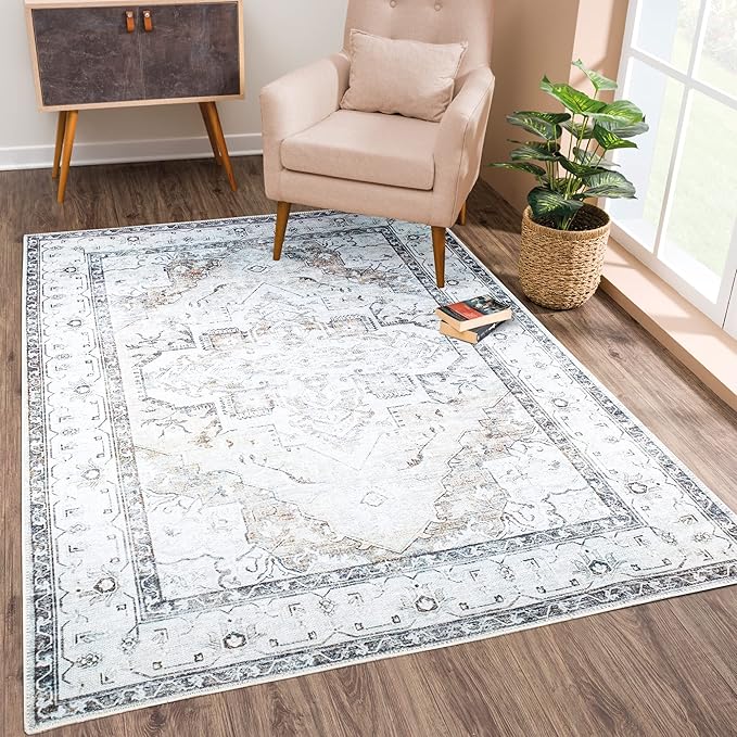 Bloom Rugs Washable Non-Slip 3' x 5' Rug - Brown/Beige/Charcoal Traditional Area Rug for Living Room, Bedroom, Dining Room, and Kitchen - Exact Size: 3' x 5'
