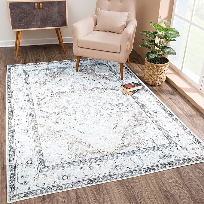 Bloom Rugs Washable Non-Slip 6' x 9' Rug - Brown/Beige/Charcoal Traditional Area Rug for Living Room, Bedroom, Dining Room, and Kitchen - Exact Size: 6' x 9'